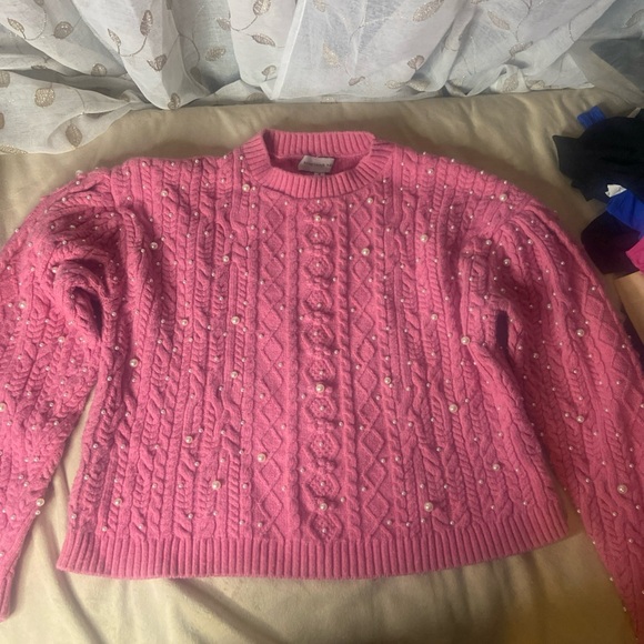 Something Navy Pink Cable Knit Sweater with Pearl Accents - Picture 4 of 9